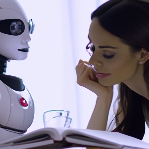 Robot helping female student sitting at desk. AI generated