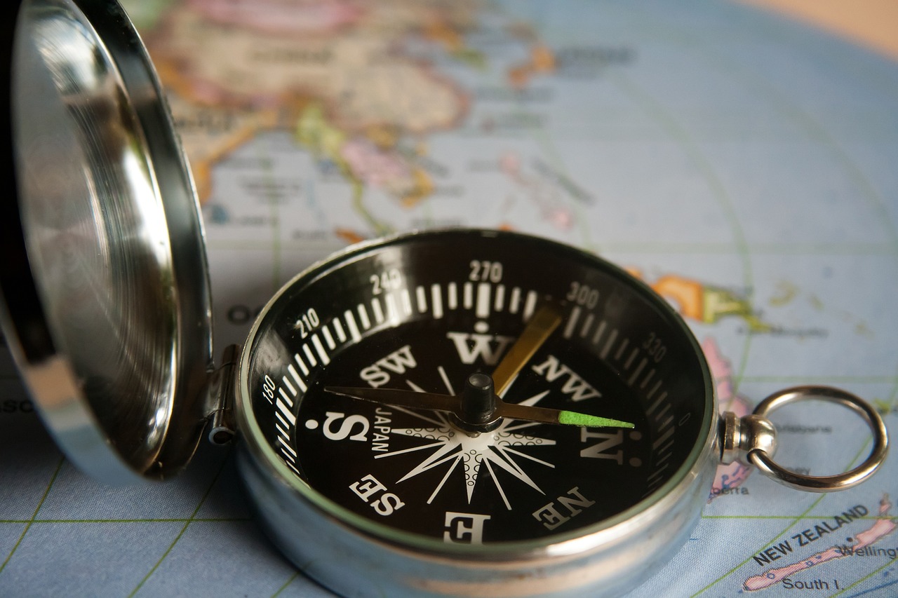 A compass sitting on a map