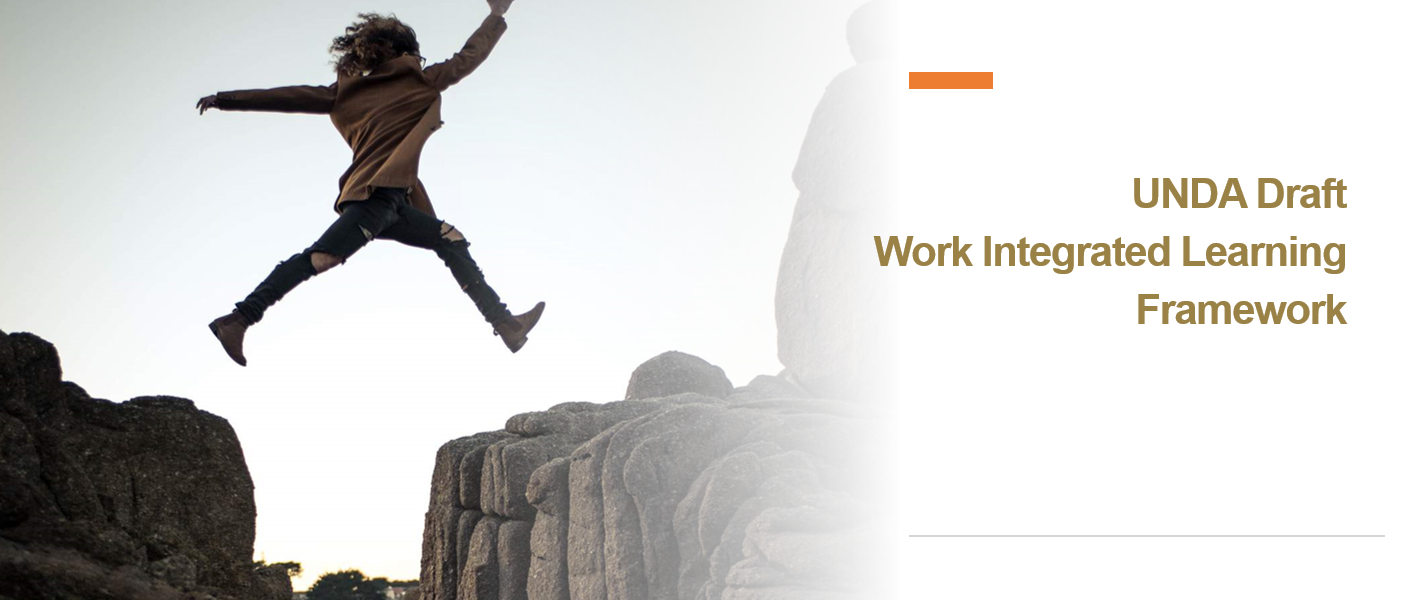 A woman jumping over a cleft in rocks, along with the words UNDA draft work integrated learning framework
